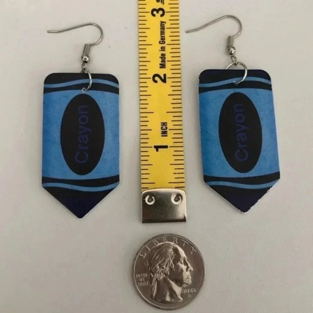 Blue Crayon Teacher School Faux Leather Die-Cut Drop Earrings NWT